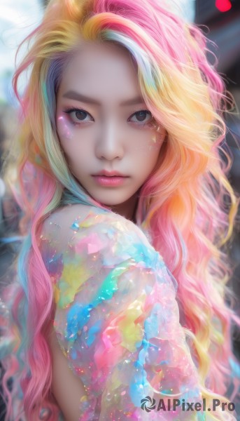 1girl,solo,long hair,looking at viewer,blonde hair,brown eyes,closed mouth,upper body,pink hair,multicolored hair,artist name,blurry,black eyes,lips,streaked hair,eyelashes,makeup,depth of field,blurry background,wavy hair,eyeshadow,realistic,nose,rainbow hair,blue eyes,tears,watermark,facial mark,forehead,pink lips