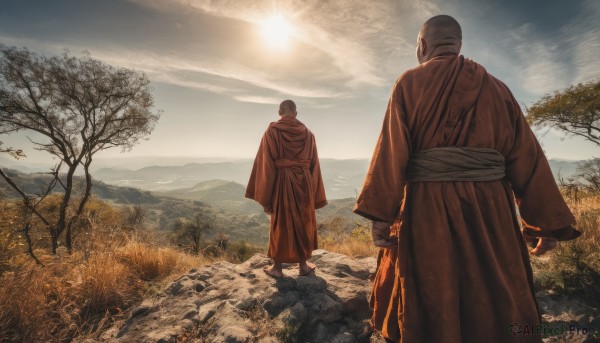 long sleeves,standing,male focus,outdoors,japanese clothes,multiple boys,sky,day,cloud,2boys,kimono,from behind,tree,sash,sandals,cloudy sky,grass,nature,scenery,walking,rock,mountain,arms at sides,sun,facing away,bald,very short hair,bare tree,buzz cut,1boy,sunlight,sunset,ninja,mountainous horizon