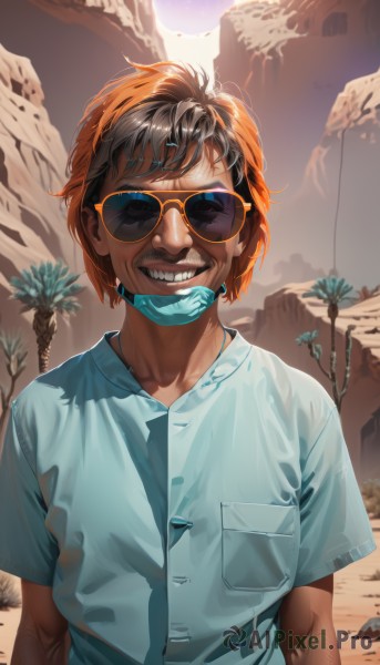 solo,looking at viewer,smile,short hair,brown hair,shirt,black hair,1boy,white shirt,upper body,short sleeves,male focus,multicolored hair,outdoors,teeth,collared shirt,orange hair,grin,two-tone hair,tree,mask,sunglasses,facing viewer,pocket,rock,mouth mask,palm tree,sun,breast pocket,tinted eyewear,surgical mask,sky,day,shiny,facial hair,sunlight,blue shirt,backlighting,veins,realistic,mustache,sunrise