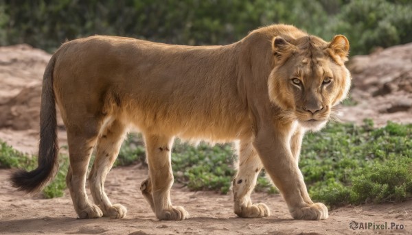 solo,standing,full body,outdoors,day,signature,blurry,black eyes,tree,no humans,depth of field,blurry background,animal,nature,realistic,animal focus,brown fur,lion,looking at viewer,closed mouth,tail,forest,bush