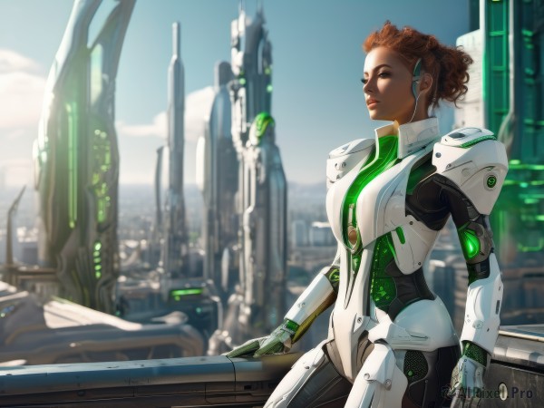 1girl,solo,breasts,short hair,brown hair,brown eyes,outdoors,sky,day,dark skin,armor,blurry,dark-skinned female,lips,bodysuit,makeup,blurry background,building,science fiction,curly hair,realistic,nose,cyborg,very dark skin,power armor,dreadlocks,cowboy shot,cloud,robot,lipstick,city,cityscape,skyscraper,cyberpunk