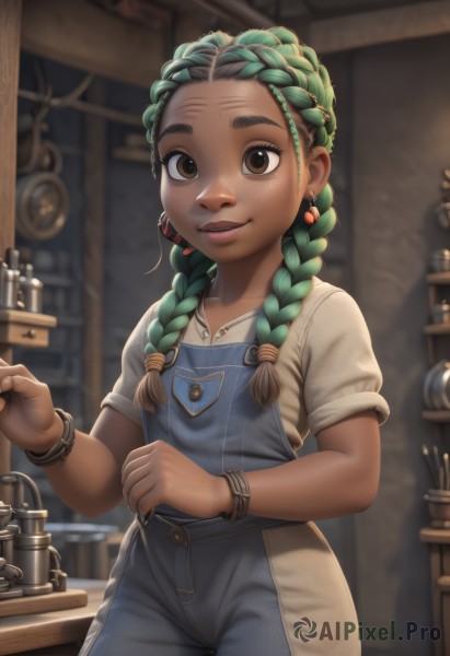 1girl,solo,long hair,looking at viewer,smile,shirt,twintails,brown eyes,jewelry,braid,short sleeves,multicolored hair,cowboy shot,earrings,green hair,artist name,indoors,dark skin,necklace,blurry,twin braids,bracelet,dark-skinned female,lips,blurry background,thick eyebrows,denim,child,hair over shoulder,forehead,freckles,nose,female child,overalls,blue overalls,overall shorts,white shirt,parted lips,flat chest,fingernails,pocket,dreadlocks,multiple braids