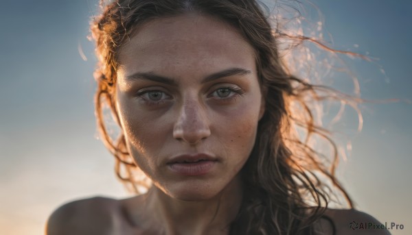 1girl,solo,long hair,looking at viewer,brown hair,black hair,brown eyes,parted lips,sky,blurry,lips,grey eyes,messy hair,portrait,backlighting,freckles,realistic,mole on cheek,closed mouth,mole,blue sky,floating hair,blurry background,expressionless,sunlight,wind,close-up,forehead,dirty,dirty face