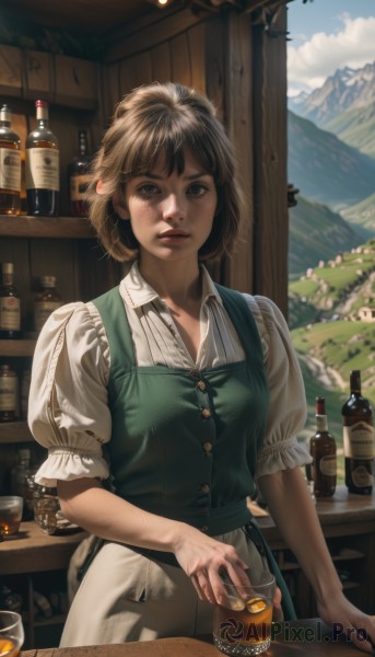 1girl,solo,looking at viewer,short hair,bangs,brown hair,shirt,holding,brown eyes,white shirt,short sleeves,outdoors,parted lips,sky,day,puffy sleeves,collared shirt,cloud,indoors,apron,vest,cup,blue sky,puffy short sleeves,lips,buttons,table,bottle,holding cup,alcohol,drinking glass,freckles,mountain,realistic,nose,drink,glass,beer,mountainous horizon,bar (place),counter,breasts,dress,sitting,pants,fingernails,waist apron,ice,whiskey