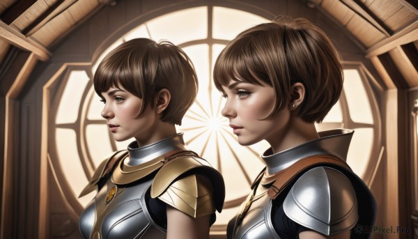 1girl,short hair,bangs,multiple girls,brown hair,2girls,brown eyes,jewelry,upper body,earrings,parted lips,indoors,armor,from side,lips,window,profile,shoulder armor,dual persona,pauldrons,breastplate,nose,stud earrings,shoulder pads,symmetry,blue eyes,backlighting