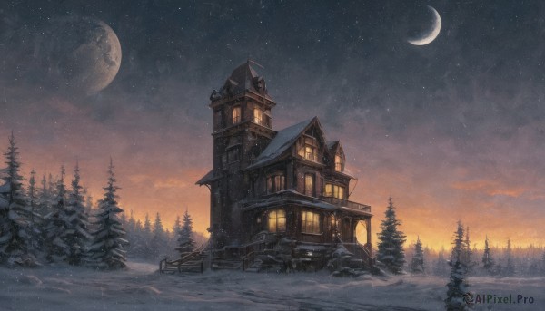 outdoors,sky,cloud,tree,no humans,window,night,moon,building,star (sky),nature,night sky,scenery,snow,forest,starry sky,snowing,mountain,house,crescent moon,winter,bare tree,chimney,pine tree,fantasy,tower,landscape