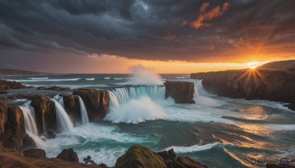 outdoors,sky,cloud,water,no humans,ocean,sunlight,cloudy sky,scenery,sunset,light rays,mountain,sun,horizon,river,waves,waterfall,landscape,sunrise,cliff,1girl,solo,nature,rock,very wide shot