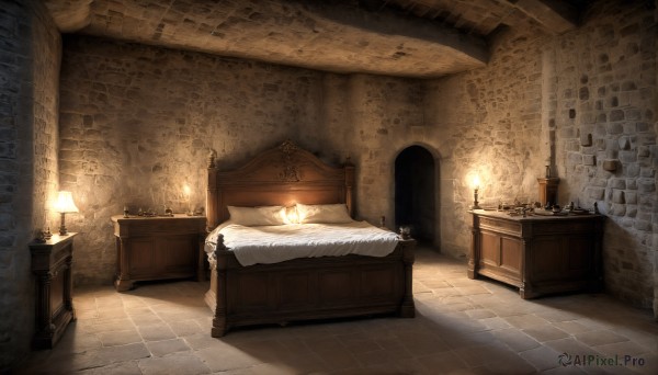 HQ,indoors,pillow,no humans,bed,on bed,scenery,stairs,door,tiles,light,lamp,candle,wall,bedroom,tile floor,candlestand,fireplace,fire,brick wall,cabinet,chandelier,stone wall