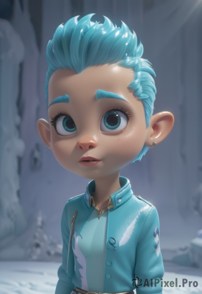 1girl,solo,looking at viewer,short hair,blue eyes,shirt,jewelry,blue hair,jacket,upper body,earrings,outdoors,parted lips,open clothes,teeth,pointy ears,belt,artist name,necklace,blurry,aqua eyes,open jacket,lips,eyelashes,aqua hair,blurry background,blue jacket,ear piercing,child,snow,forehead,freckles,female child,stud earrings,hair slicked back,denim jacket,thick eyebrows,feathers