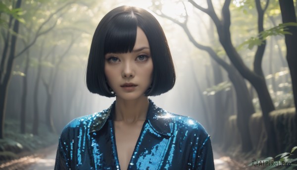 1girl,solo,looking at viewer,short hair,bangs,blue eyes,shirt,black hair,closed mouth,collarbone,upper body,outdoors,day,blunt bangs,blurry,black eyes,tree,lips,grey eyes,eyelashes,depth of field,blurry background,sunlight,bob cut,blue shirt,nature,forest,realistic,nose,dappled sunlight,dress,parted lips,parted bangs,swept bangs