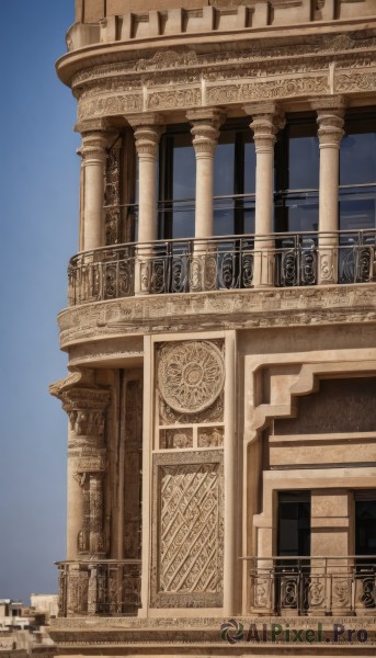 outdoors,sky,day,blue sky,no humans,window,building,scenery,stairs,railing,architecture,bridge,pillar,tower,arch,gate,column,statue