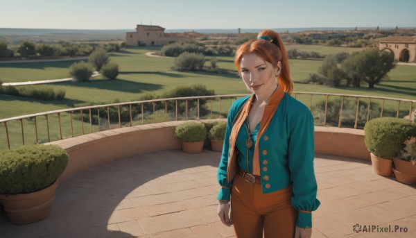 1girl,solo,long hair,breasts,looking at viewer,smile,brown hair,shirt,long sleeves,cleavage,brown eyes,jewelry,standing,jacket,ponytail,earrings,outdoors,parted lips,open clothes,sky,day,belt,pants,necklace,orange hair,open jacket,tree,lips,shadow,scrunchie,blue shirt,plant,blue jacket,building,scenery,realistic,potted plant,bush,brown pants,high-waist pants,blue eyes,buckle,belt buckle,brown belt