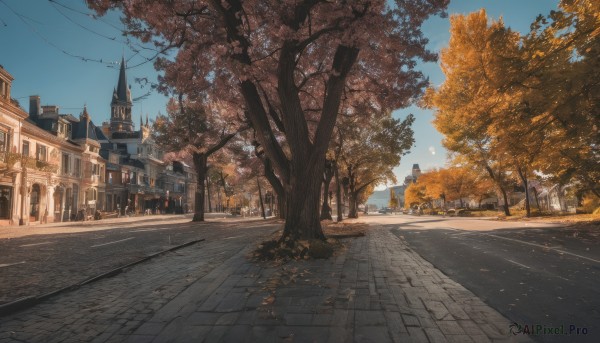 outdoors, sky, day, cloud, tree, blue sky, dutch angle, no humans, sunlight, building, scenery, city, road, autumn leaves, lamppost, street, autumn, path, town, pavement, vanishing point