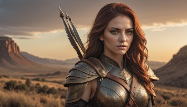 1girl,solo,long hair,breasts,looking at viewer,brown hair,brown eyes,jewelry,medium breasts,closed mouth,upper body,weapon,outdoors,sky,sword,cloud,armor,blurry,lips,depth of field,blurry background,wavy hair,shoulder armor,pauldrons,sunset,breastplate,mountain,realistic,nose,fantasy,arrow (projectile),strap,weapon on back,chainmail,cloudy sky,quiver