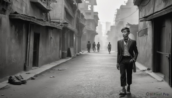 short hair,shirt,long sleeves,1boy,holding,jewelry,standing,jacket,monochrome,greyscale,male focus,outdoors,multiple boys,open clothes,shoes,solo focus,belt,pants,necklace,chain,building,scenery,walking,6+boys,hand in pocket,city,road,street,alley,gloves,hat,bow,weapon,necktie,bowtie,vest,gun,facial hair,formal,suit,multiple others