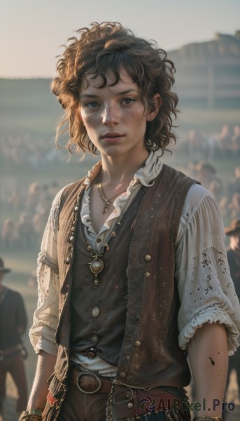 1girl,looking at viewer,short hair,brown hair,shirt,black hair,brown eyes,jewelry,standing,white shirt,cowboy shot,outdoors,frills,parted lips,solo focus,day,collared shirt,belt,pants,medium hair,necklace,mole,blurry,black eyes,vest,bracelet,lips,buttons,depth of field,blurry background,wavy hair,ring,messy hair,buckle,sleeves rolled up,freckles,curly hair,watch,belt buckle,realistic,nose,wristwatch,brown belt,frilled shirt,leather,brown pants,brown vest,crowd,mole on cheek,solo,earrings,blouse,pendant,stud earrings,dirty,open vest,dirty face