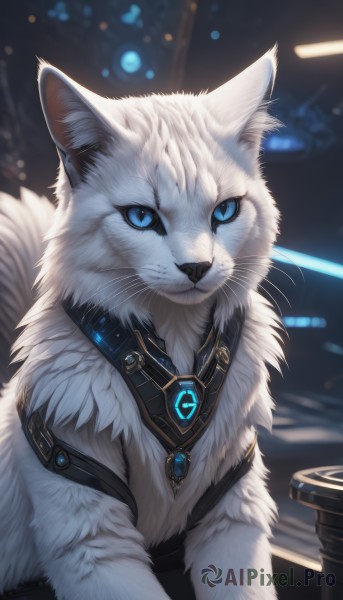 solo,looking at viewer,blue eyes,jewelry,closed mouth,upper body,artist name,signature,blurry,collar,no humans,depth of field,blurry background,animal,cat,gem,colored sclera,animal focus,white fur,white cat,fluffy,blue sclera,necklace,animal ear fluff,brooch,pendant,fur collar,whiskers