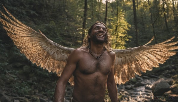 solo,long hair,blonde hair,brown hair,1boy,navel,jewelry,nipples,upper body,male focus,nude,outdoors,wings,teeth,dark skin,water,necklace,tree,completely nude,muscular,facial hair,dark-skinned male,nature,feathered wings,beard,forest,angel wings,realistic,arms at sides,chest hair,very dark skin,dreadlocks,spread wings,brown wings,smile,open mouth,day,grin,pectorals,facing viewer,topless male,rock,arm hair