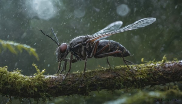 outdoors, wings, sky, blurry, tree, no humans, depth of field, animal, leaf, bug, nature, rain, realistic, antennae, branch, oversized animal