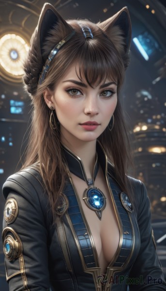 1girl,solo,long hair,breasts,looking at viewer,bangs,brown hair,animal ears,cleavage,brown eyes,jewelry,medium breasts,closed mouth,jacket,upper body,hairband,earrings,cat ears,necklace,blurry,lips,eyelashes,makeup,blurry background,zipper,hoop earrings,realistic,nose,hair ornament,long sleeves,artist name,indoors,signature,black jacket,animal ear fluff,gem,extra ears,freckles