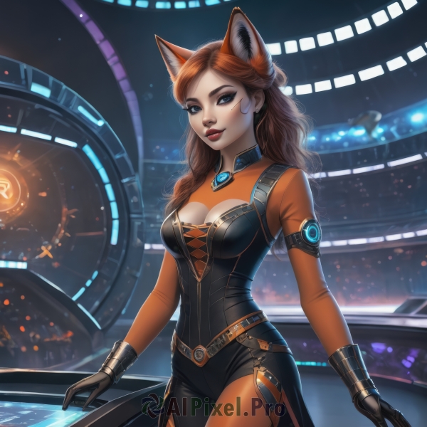 1girl,solo,long hair,breasts,looking at viewer,smile,blue eyes,large breasts,brown hair,gloves,long sleeves,animal ears,cleavage,jewelry,medium breasts,standing,cowboy shot,earrings,black gloves,belt,artist name,cat ears,orange hair,mole,lips,fox ears,clothing cutout,mole under eye,bodysuit,makeup,watermark,wavy hair,cleavage cutout,lipstick,extra ears,freckles,nose,red lips,bangs,closed mouth,red hair,alternate costume,indoors,signature,facial mark,light smile,buckle,curly hair,realistic,black bodysuit