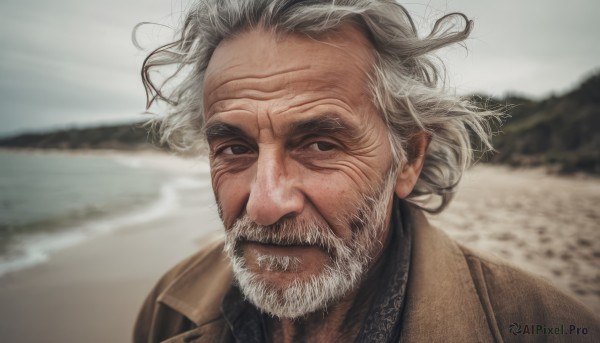 solo,looking at viewer,shirt,1boy,closed mouth,jacket,upper body,white hair,grey hair,male focus,outdoors,day,blurry,black eyes,coat,blurry background,facial hair,ocean,beach,messy hair,portrait,beard,brown jacket,realistic,mustache,sand,manly,old,brown coat,old man,wrinkled skin,sky,water,grey eyes,depth of field,scar,wind