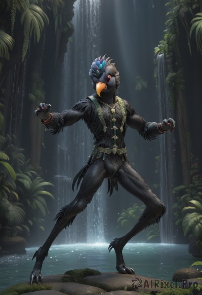 solo,red eyes,1boy,jewelry,standing,full body,male focus,outdoors,belt,water,necklace,tree,no humans,bird,leaf,feathers,plant,nature,claws,furry,forest,rock,furry male,waterfall,talons,black fur,beak,tail,sunlight,gem,crow,moss,pond