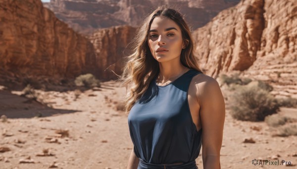 1girl,solo,long hair,breasts,looking at viewer,blue eyes,brown hair,shirt,black hair,bare shoulders,brown eyes,medium breasts,closed mouth,upper body,outdoors,sleeveless,day,belt,blurry,lips,blurry background,tank top,blue shirt,rock,realistic,nose,desert,dress,jewelry,necklace,sunlight,thick eyebrows