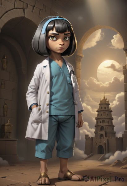 1girl,solo,looking at viewer,short hair,bangs,shirt,black hair,long sleeves,brown eyes,standing,full body,yellow eyes,hairband,outdoors,open clothes,sky,shorts,pants,cloud,dark skin,blunt bangs,flat chest,dark-skinned female,lips,coat,toes,sandals,cloudy sky,blue shirt,building,child,blue shorts,hand in pocket,labcoat,sun,blue pants,female child,blue hairband,castle,tower,stethoscope,doctor,bob cut