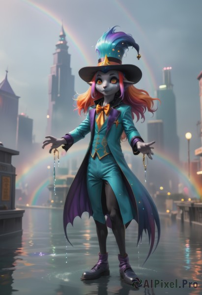 1girl,solo,long hair,looking at viewer,smile,long sleeves,hat,bow,standing,jacket,full body,outdoors,open clothes,sky,shoes,pointy ears,pants,artist name,cloud,bowtie,water,black footwear,orange hair,vest,coat,orange eyes,black headwear,colored skin,watermark,formal,suit,building,web address,yellow bow,colored sclera,reflection,rain,top hat,city,orange bow,blue skin,grey skin,ripples,rainbow,yellow bowtie,lamppost,yellow sclera,tower,orange bowtie,black skin,puddle,gloves,jewelry,yellow eyes,pink hair,multicolored hair,boots,teeth,ring