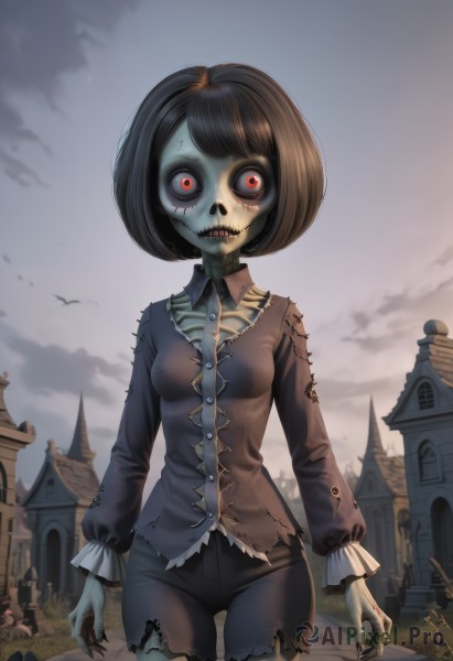 1girl,solo,breasts,looking at viewer,short hair,bangs,brown hair,shirt,black hair,red eyes,long sleeves,standing,cowboy shot,small breasts,outdoors,sky,shorts,teeth,solo focus,pants,cloud,fingernails,torn clothes,blood,colored skin,bird,black shorts,bob cut,cloudy sky,building,stitches,grey skin,torn shirt,castle,zombie,horror (theme),undead,frills,buttons,thigh gap,cross,monster girl,pale skin,town