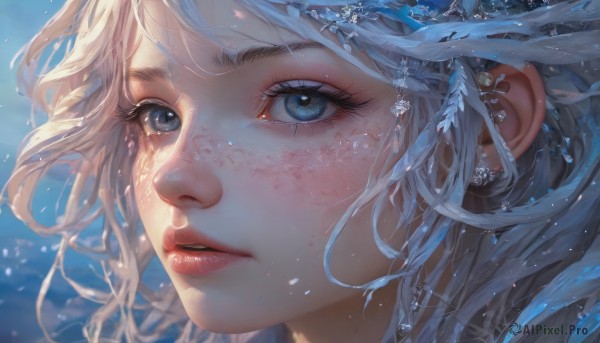 1girl,solo,long hair,looking at viewer,bangs,blue eyes,hair ornament,jewelry,white hair,grey hair,earrings,parted lips,water,lips,eyelashes,floating hair,portrait,close-up,freckles,realistic,nose,snowflakes,blonde hair,blurry,makeup,feathers,wind