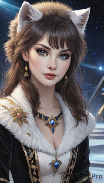 1girl,solo,long hair,breasts,looking at viewer,smile,bangs,blue eyes,brown hair,hat,animal ears,cleavage,jewelry,medium breasts,collarbone,jacket,upper body,earrings,outdoors,parted lips,open clothes,sky,artist name,cat ears,necklace,star (symbol),blurry,lips,coat,grey eyes,fur trim,eyelashes,makeup,night,gem,star (sky),night sky,pendant,starry sky,freckles,nose,red lips,black jacket,wavy hair,wolf ears,eyeshadow,fur collar,realistic,eyeliner,star earrings,mascara