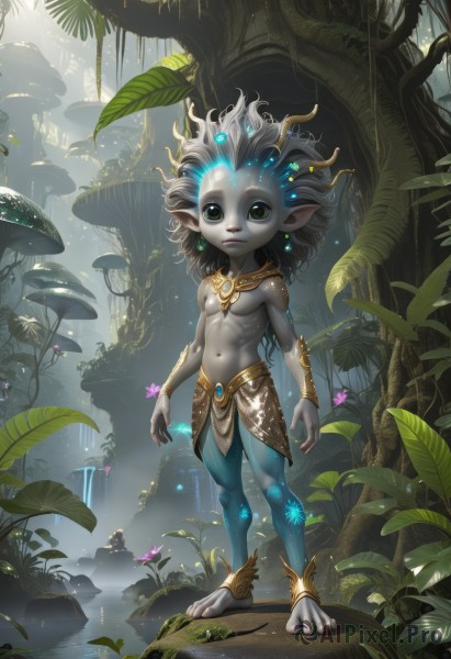 1girl,solo,looking at viewer,1boy,navel,jewelry,closed mouth,green eyes,standing,full body,flower,grey hair,male focus,earrings,outdoors,barefoot,pointy ears,artist name,signature,water,tree,glowing,colored skin,leaf,watermark,facial mark,grass,plant,nature,forest,topless male,fantasy,anklet,arms at sides,bracer,vines,mushroom,grey skin,loincloth,waterfall,moss,necklace,bracelet,abs,child,blue skin,male child,pond