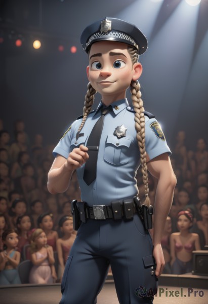 1girl,long hair,looking at viewer,smile,blue eyes,multiple girls,blonde hair,brown hair,shirt,hat,twintails,closed mouth,standing,braid,short sleeves,cowboy shot,necktie,solo focus,collared shirt,belt,pants,indoors,blurry,uniform,twin braids,black headwear,muscular,blurry background,6+girls,watermark,black pants,thick eyebrows,blue shirt,clenched hand,black necktie,buckle,freckles,pocket,black belt,pouch,blue necktie,belt buckle,blue pants,breast pocket,badge,police,police uniform,crowd,policewoman,spotlight,police hat,people,6+others,walkie-talkie,breasts,weapon,bikini,gun,handgun