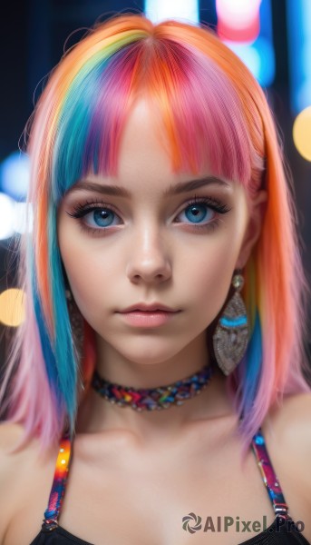 1girl,solo,long hair,breasts,looking at viewer,bangs,blue eyes,cleavage,bare shoulders,jewelry,medium breasts,closed mouth,blue hair,collarbone,upper body,pink hair,multicolored hair,earrings,choker,blunt bangs,necklace,orange hair,blurry,two-tone hair,lips,streaked hair,eyelashes,makeup,depth of field,blurry background,portrait,eyeshadow,realistic,nose,bokeh,mascara,rainbow hair,heart,artist name,parted bangs,watermark,expressionless,tank top,web address,close-up,pink lips