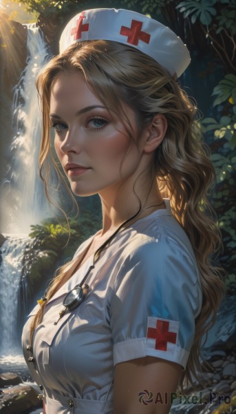 1girl,solo,long hair,breasts,looking at viewer,blue eyes,blonde hair,gloves,hat,medium breasts,closed mouth,upper body,short sleeves,outdoors,parted lips,water,from side,tree,lips,wet,eyelashes,buttons,wavy hair,cross,nature,armband,forest,freckles,pocket,realistic,nose,nurse cap,nurse,waterfall,stethoscope,red cross,bangs,brown hair,dress,jewelry,day,necklace,sunlight,plant,light rays,dappled sunlight,moss