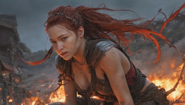 1girl,solo,long hair,breasts,brown hair,cleavage,brown eyes,jewelry,medium breasts,upper body,weapon,red hair,hairband,outdoors,parted lips,sky,sleeveless,sword,necklace,armor,mole,lips,floating hair,fire,wind,shoulder armor,freckles,pauldrons,realistic,nose,dirty,embers,looking at viewer,small breasts,cloud,torn clothes,rain,injury,dirty face,body freckles