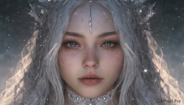 1girl,solo,long hair,looking at viewer,hair ornament,jewelry,green eyes,braid,white hair,parted lips,choker,artist name,blurry,lips,grey eyes,eyelashes,gem,portrait,light particles,close-up,freckles,circlet,snowing,realistic,straight-on,closed mouth,grey hair,blurry background,wavy hair,snow,forehead,nose,red lips