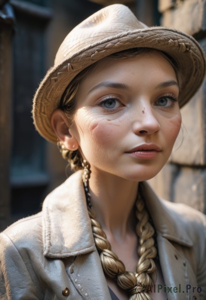 1girl,solo,long hair,looking at viewer,blue eyes,blonde hair,brown hair,hat,jewelry,jacket,upper body,braid,earrings,parted lips,teeth,necklace,blurry,twin braids,lips,grey eyes,eyelashes,depth of field,blurry background,portrait,hair over shoulder,freckles,realistic,nose,straw hat,denim jacket,open clothes,open jacket,denim,dirty,dirty face