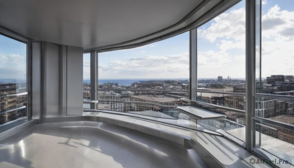 outdoors,sky,day,cloud,indoors,water,blue sky,no humans,window,shadow,ocean,cloudy sky,building,scenery,reflection,city,railing,horizon,cityscape,skyscraper,rooftop,skyline,reflective floor