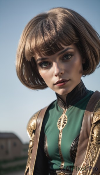 1girl,solo,breasts,looking at viewer,short hair,bangs,brown hair,brown eyes,closed mouth,green eyes,upper body,small breasts,outdoors,sky,day,blunt bangs,blurry,blue sky,lips,blurry background,bob cut,freckles,realistic,nose,dress,parted lips,armor,eyelashes,makeup,green dress