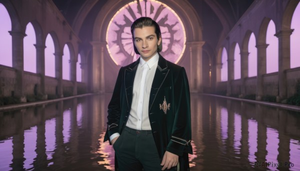 1girl,solo,looking at viewer,smile,short hair,shirt,black hair,long sleeves,1boy,brown eyes,closed mouth,standing,jacket,white shirt,male focus,cowboy shot,open clothes,collared shirt,pants,dark skin,water,lips,coat,black jacket,night,black pants,formal,suit,reflection,hand in pocket,hair slicked back,pillar,church,jewelry,outdoors,indoors,open jacket,dark-skinned female,dress shirt,makeup,lipstick,shirt tucked in,arch