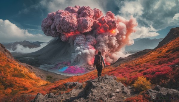 solo, 1boy, outdoors, sky, day, cloud, cloudy sky, nature, scenery, smoke, mountain