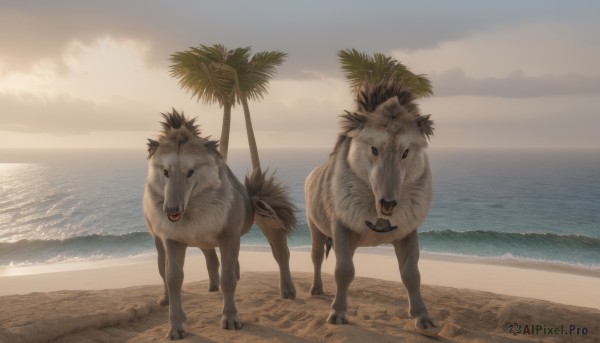 outdoors,sky,day,cloud,water,tree,no humans,ocean,animal,beach,scenery,dog,realistic,sand,palm tree,horizon,animal focus,looking at viewer,cloudy sky,nature,sunset,shore