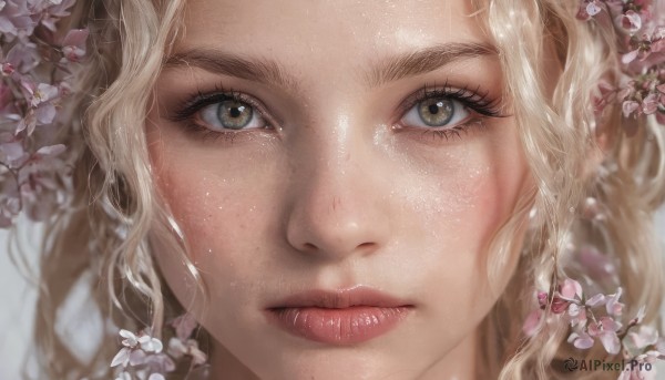 1girl,solo,long hair,looking at viewer,blonde hair,brown eyes,closed mouth,flower,mole,blurry,lips,eyelashes,wavy hair,cherry blossoms,portrait,close-up,freckles,realistic,nose,eye focus,mole on cheek,green eyes,parted lips,artist name,grey eyes