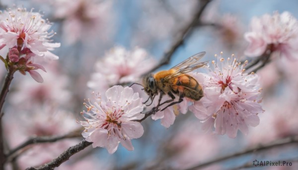 flower, outdoors, sky, day, blurry, tree, no humans, depth of field, blurry background, bug, white flower, cherry blossoms, scenery, pink flower, realistic, antennae, branch, spring (season)