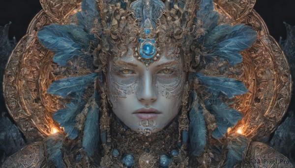 1girl,solo,looking at viewer,hair ornament,1boy,jewelry,closed mouth,yellow eyes,male focus,parted lips,armor,lips,eyelashes,makeup,expressionless,helmet,feathers,black background,gem,portrait,headdress,feather hair ornament,straight-on,gold,blue gemstone,close-up,freckles,realistic