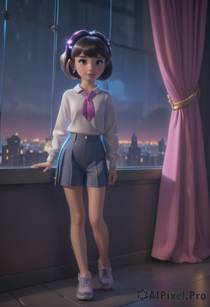 1girl,solo,looking at viewer,smile,short hair,bangs,skirt,brown hair,shirt,black hair,long sleeves,brown eyes,jewelry,closed mouth,school uniform,standing,full body,white shirt,hairband,earrings,sky,shoes,shorts,indoors,blunt bangs,black eyes,lips,neckerchief,window,night,curtains,sneakers,night sky,backlighting,city,tiles,cityscape,tile floor,skyscraper,high-waist shorts,purple neckerchief,blouse,child,sunset,grey shorts,no socks,city lights