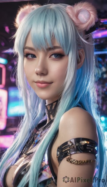 1girl,solo,long hair,breasts,looking at viewer,smile,bangs,blue eyes,hair ornament,animal ears,cleavage,bare shoulders,jewelry,medium breasts,closed mouth,blue hair,upper body,blurry,from side,lips,looking to the side,clothing cutout,aqua hair,blurry background,cleavage cutout,armlet,freckles,realistic,nose,arm strap,bear ears,necklace,eyelashes,makeup,fake animal ears,zipper,neon lights